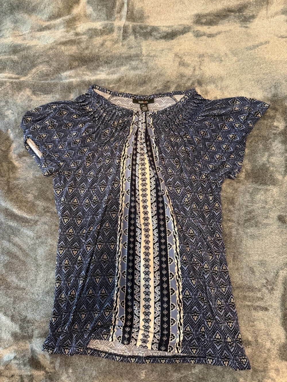 Style & Co. Blue Patterned Short-Sleeve Peasant Top